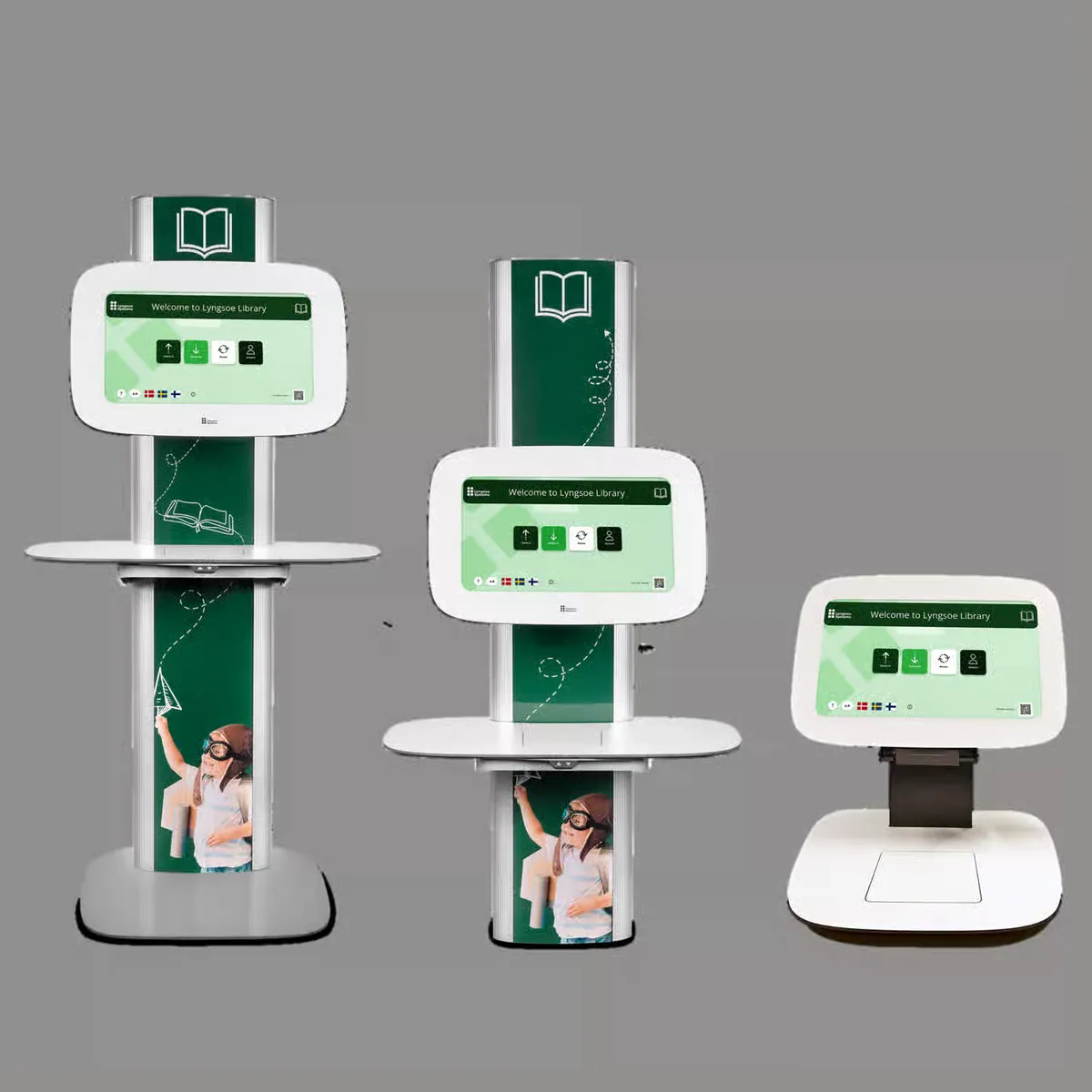Trois formats de bornes de prêt LibDeco, du comptoir au totem sur pied