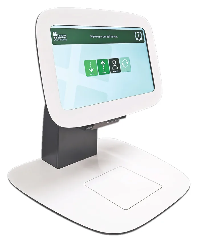 Borne de prêt de comptoir LibDeco T10, écran incliné sur socle blanc